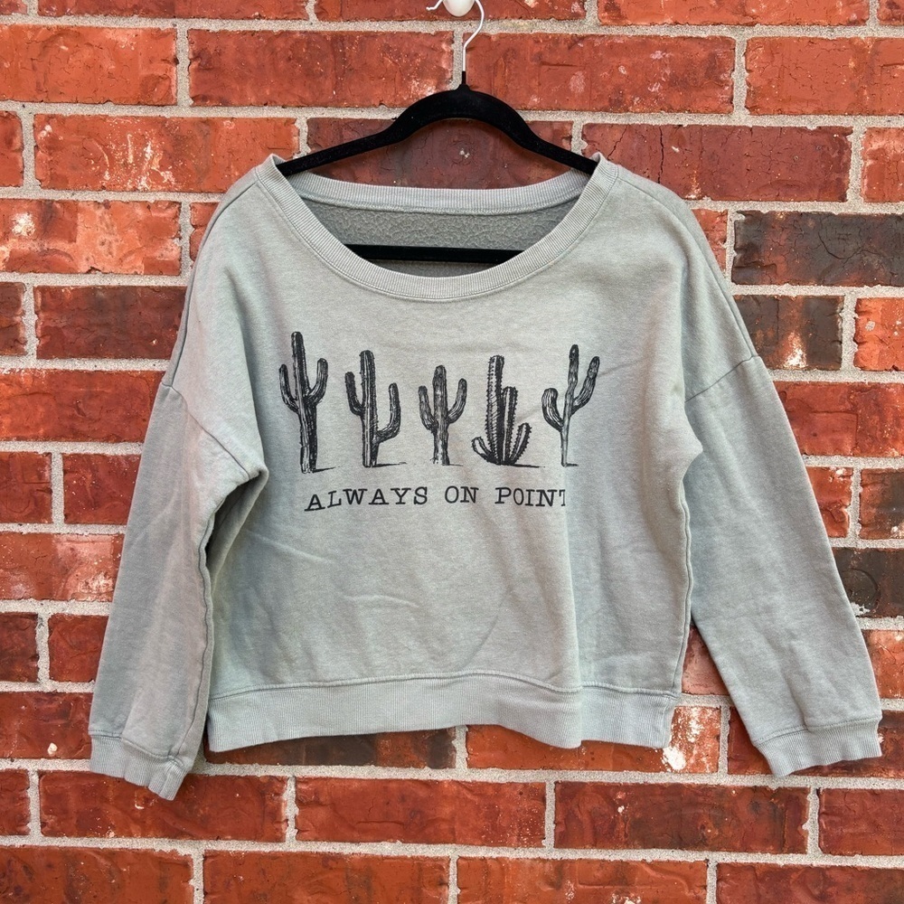 Womens Medium Green Gray Cactus Always On Point Cropped Boho Sweatshirt Sweater